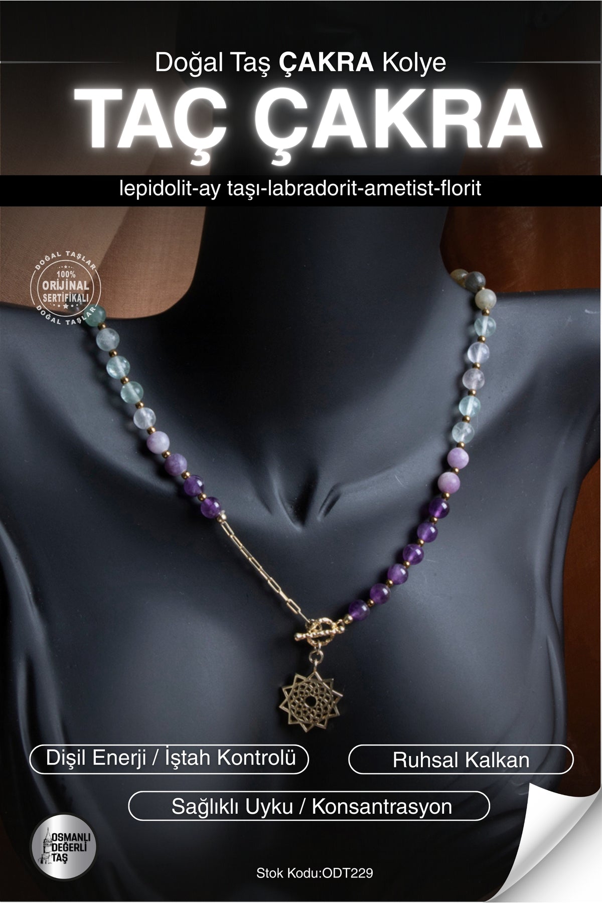SERTİFİKALI Lepidolit-Ay Taşı-Labradorit-Ametist-Florit Doğal Taş Taç Çakra Kolye ODT229