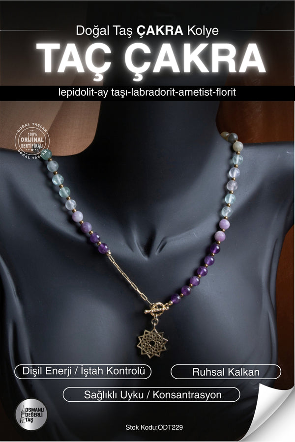 SERTİFİKALI Lepidolit-Ay Taşı-Labradorit-Ametist-Florit Doğal Taş Taç Çakra Kolye ODT229