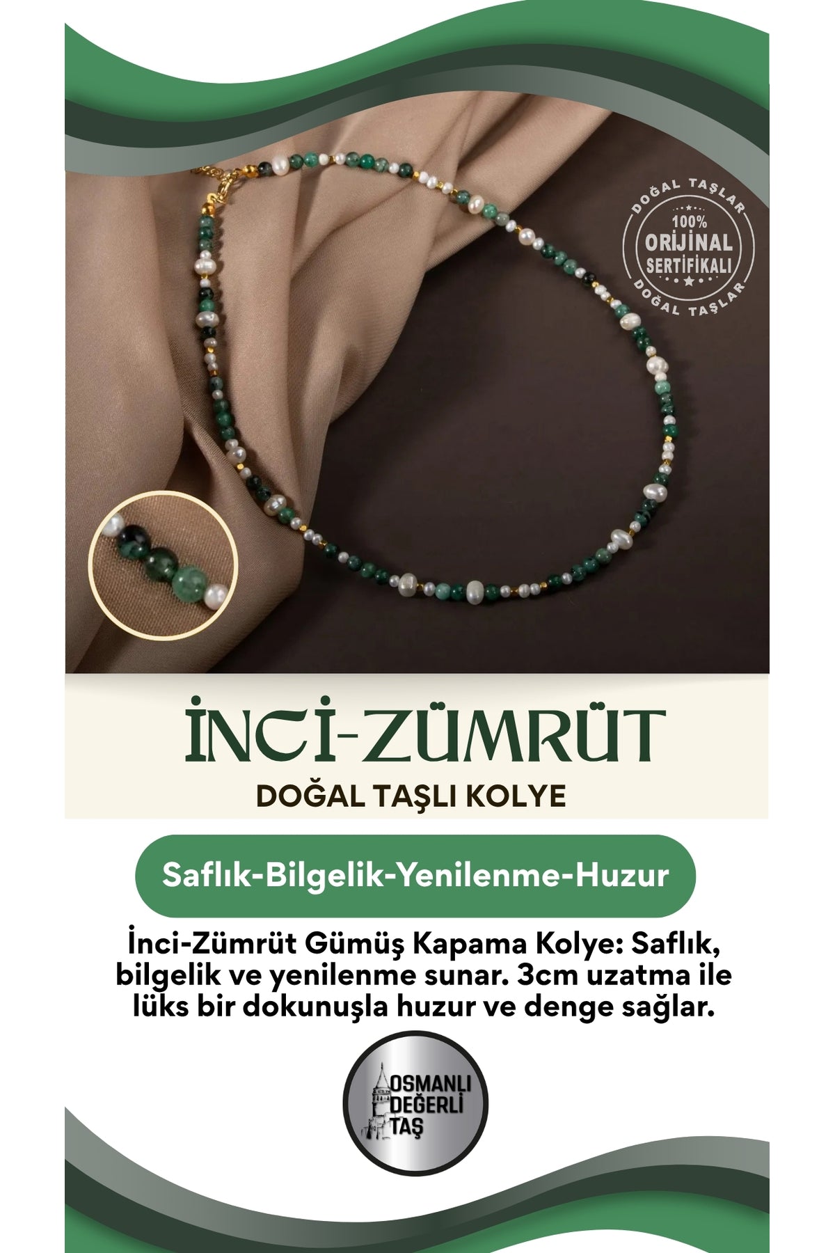 Inci-zümrüt Doğal Taş Gümüş Kapama Kolye (3CM UZATMA İLE BİRLİKTE)