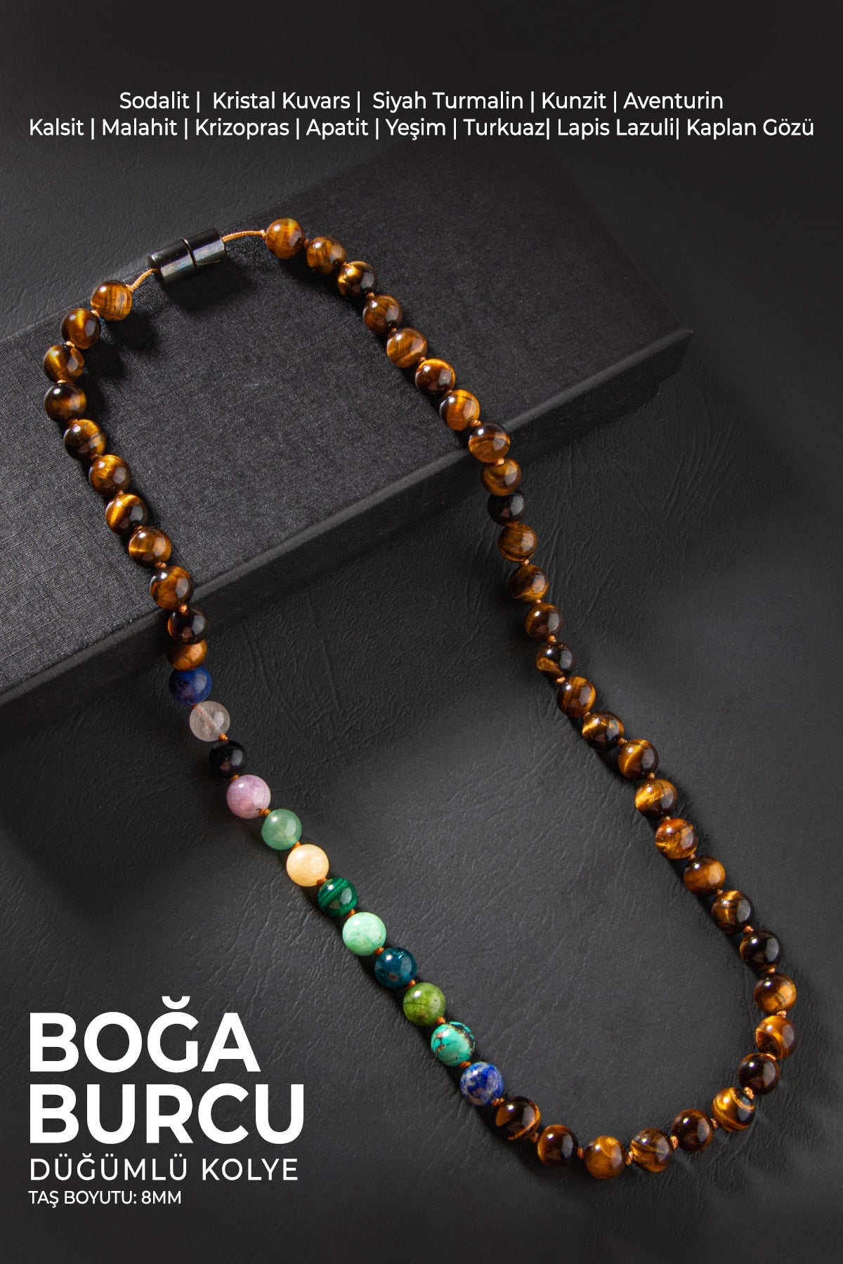 Boğa Burcu Düğümlü Kolye Sertifikalı Doğal Taşlı (Turkuaz, Malahit, Kunzit, Kaplan Gözü)