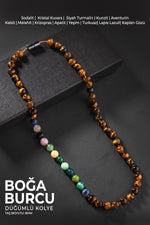 Boğa Burcu Düğümlü Kolye Sertifikalı Doğal Taşlı (Turkuaz, Malahit, Kunzit, Kaplan Gözü)