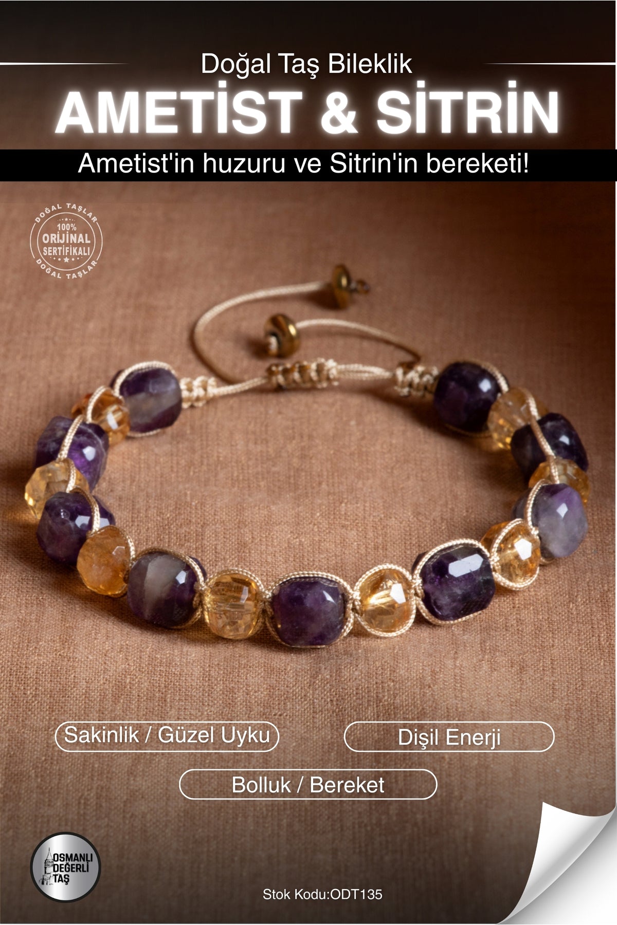 Sertifikalı AMETİST & SİTRİN Doğal Taş Fasetli Kesim Makrome Bileklik ODT135