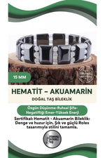 Sertifikalı Hematit - Akuamarin Doğal Taş Roleks Bileklik 15 Mm B752