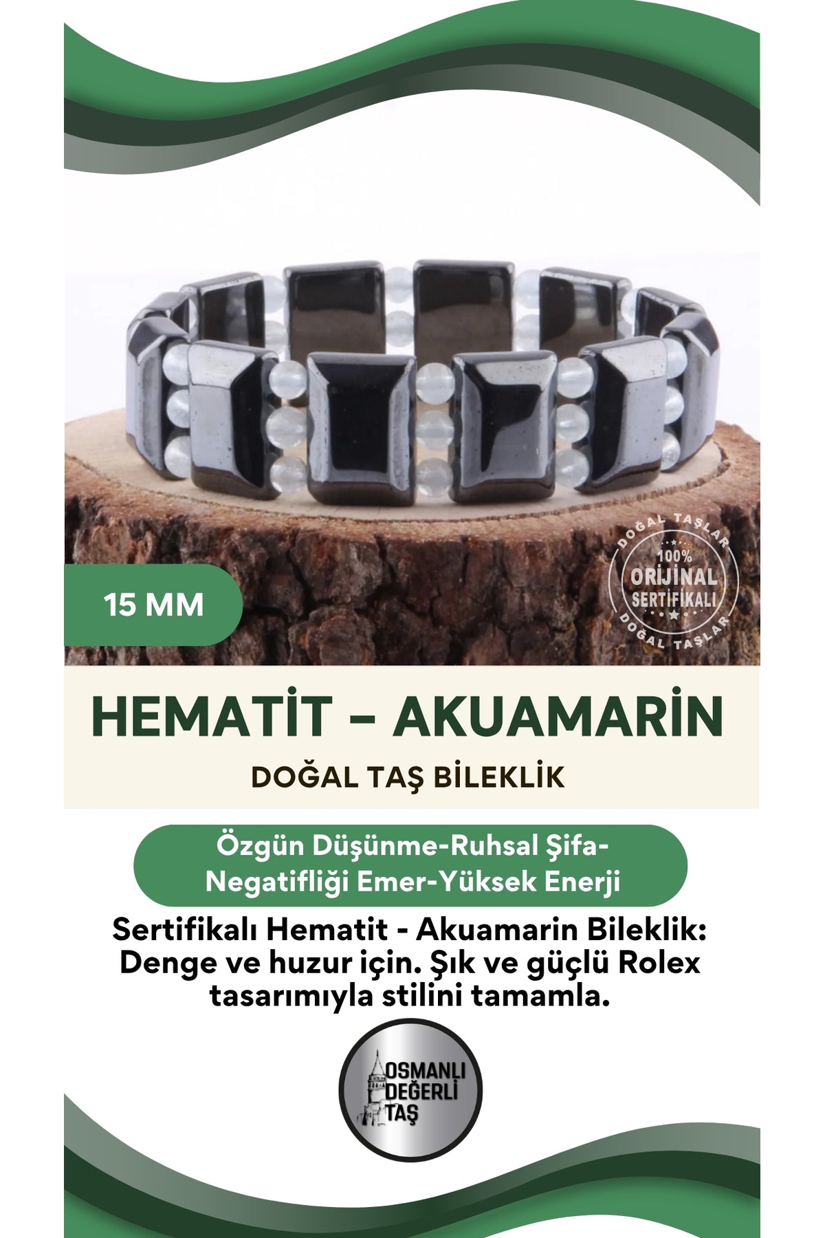 Sertifikalı Hematit - Akuamarin Doğal Taş Roleks Bileklik 15 Mm B752