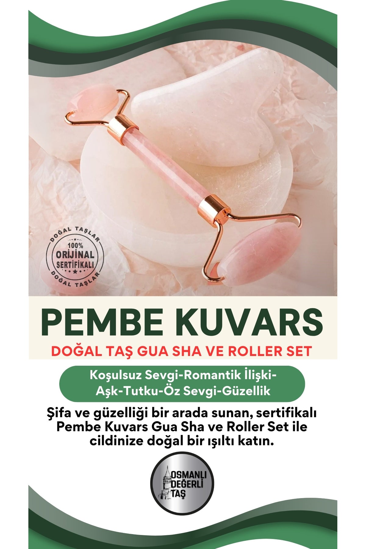 Sertifikalı Pembe Kuvars Gua Sha Ve Roller Set - Birinci Sınıf (sertifikalı)