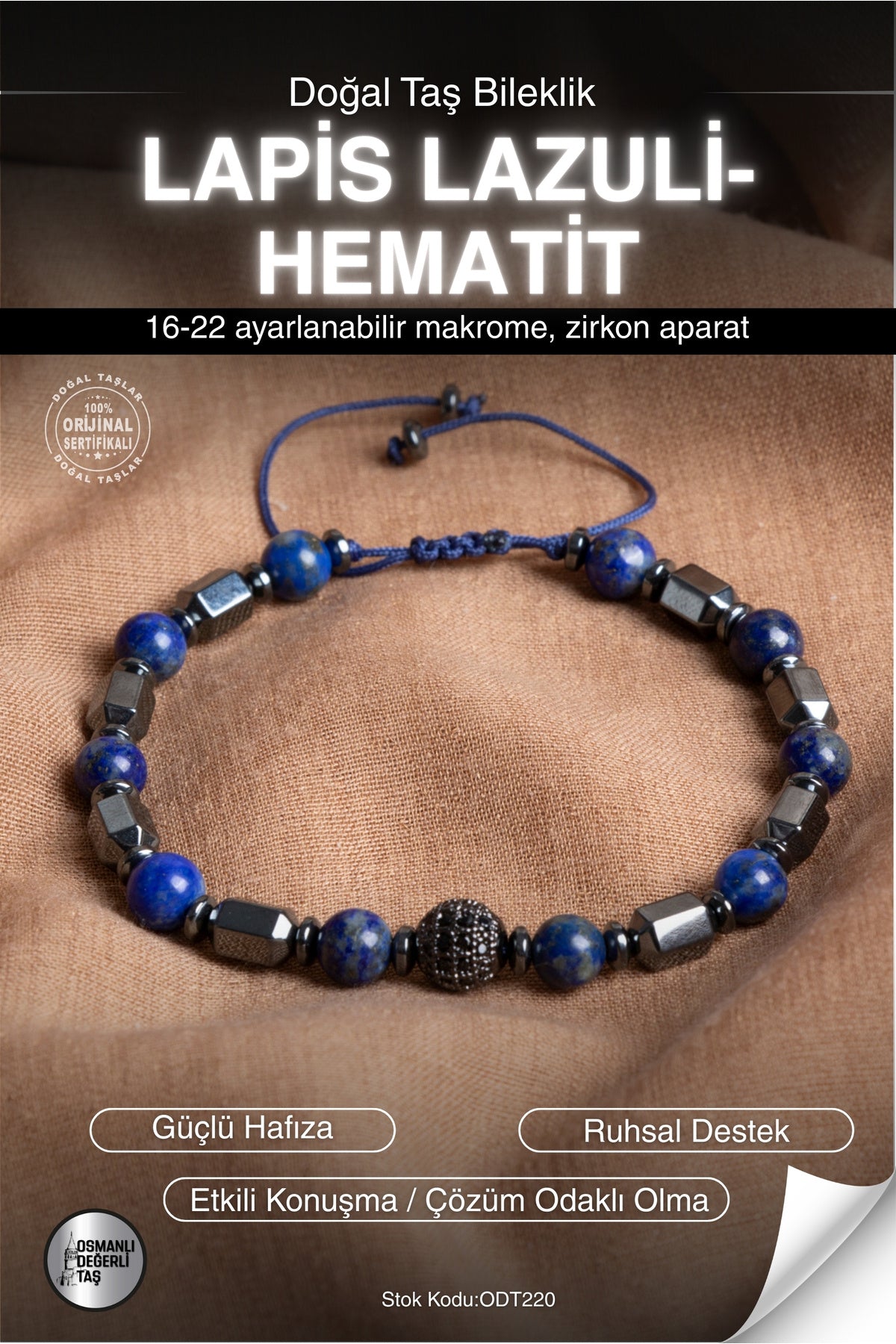 SERTİFİKALI Lapis Lazuli-Hematit Doğal Taş Makrome Bileklik ODT220
