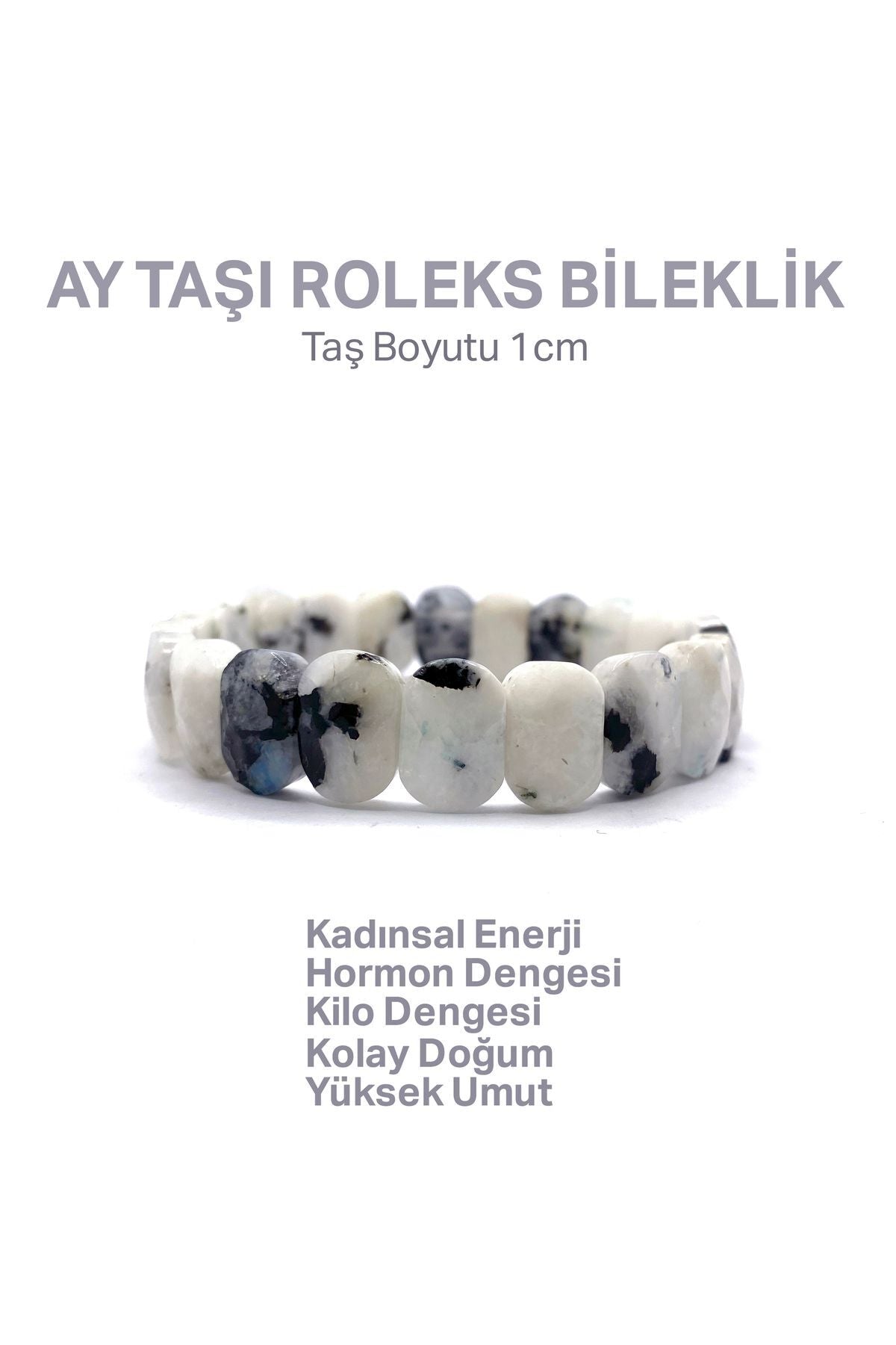 Ay Taşı Roleks Geniş Kesim Gri Beyaz Çift Misinalı Bileklik