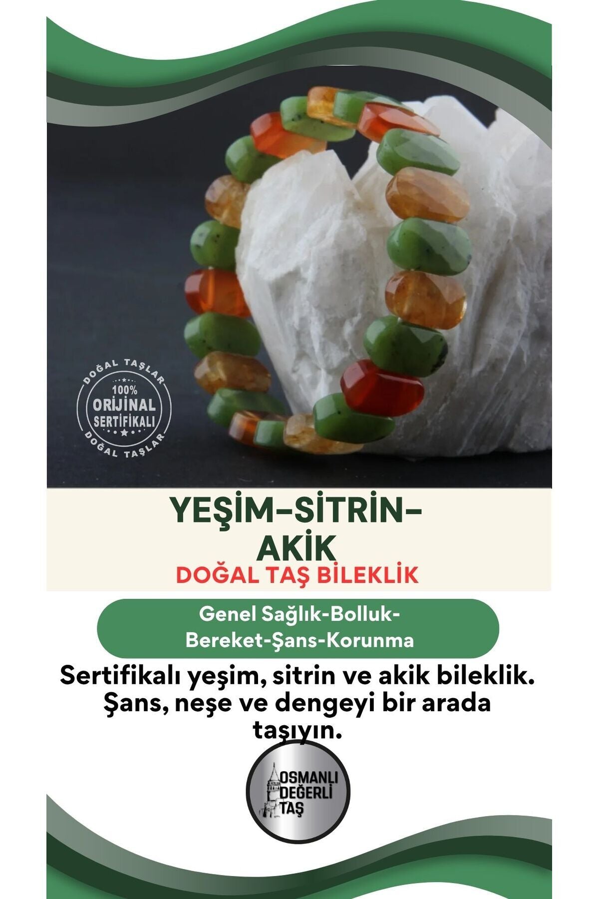 Sertifikalı Yeşim Sitrin Akik Doğal Taş Roleks Bileklik