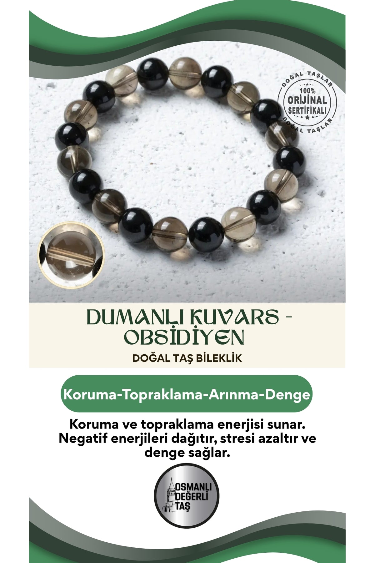 Sertifikalı Doğal Dumanlı Kuvars ve Obsidiyen Bileklik – Koruma ve Topraklama Enerjisi