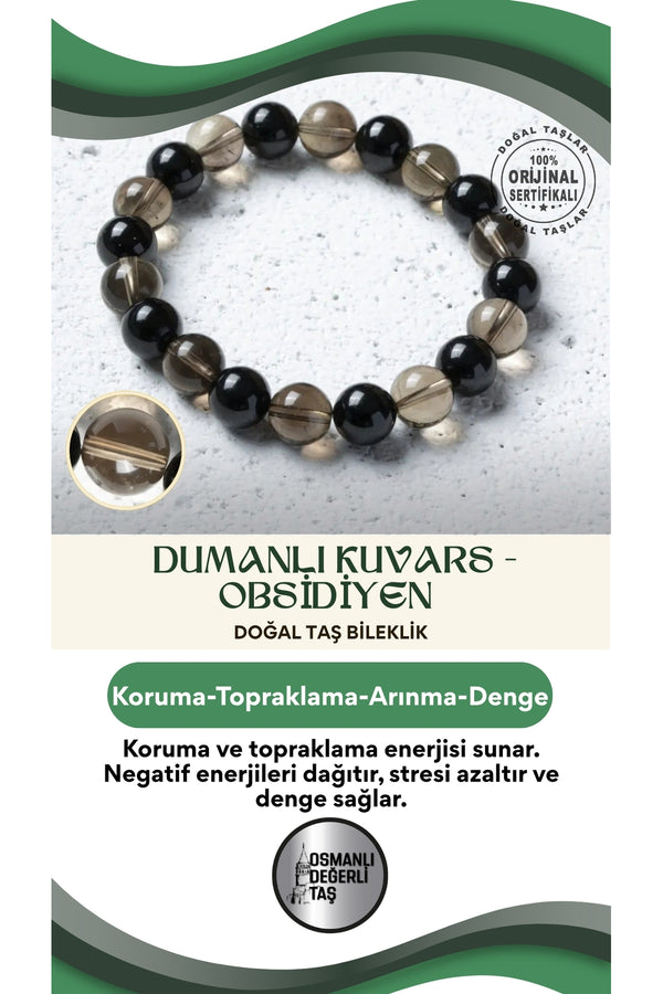Sertifikalı Doğal Dumanlı Kuvars ve Obsidiyen Bileklik – Koruma ve Topraklama Enerjisi