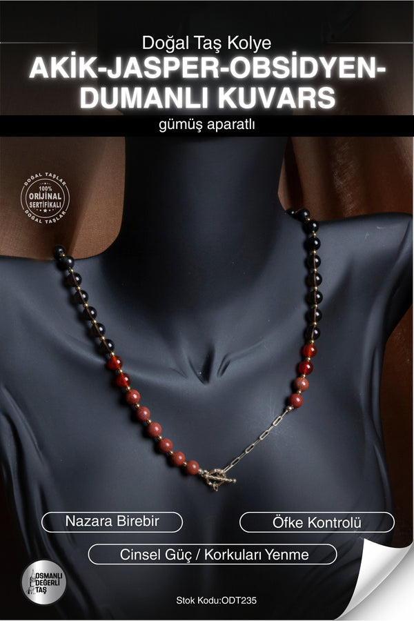 SERTİFİKALI Akik-Jasper-Obsidyen-Dumanlı Kuvars Doğal Taş Gümüş Aparat Kolye ODT235