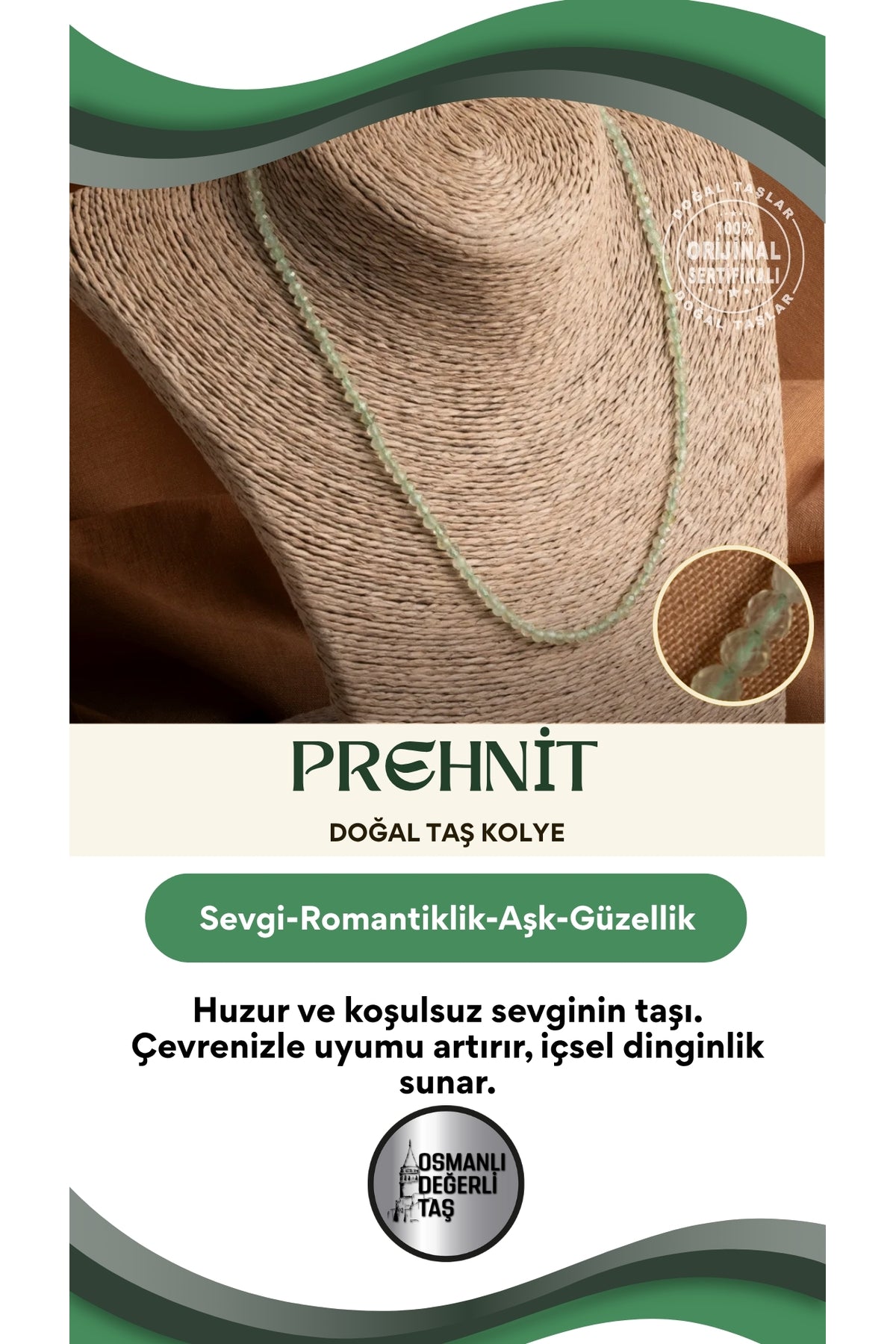 Sertifikalı Prehnit Doğal Taşı Zarif Kolye