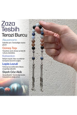 Terazi Burcu Zaza Tesbih Doğal Taş Akuamarin, Güneş Taşı, Kalsedon, Lapis Lazuli, Siyah Göz Akik