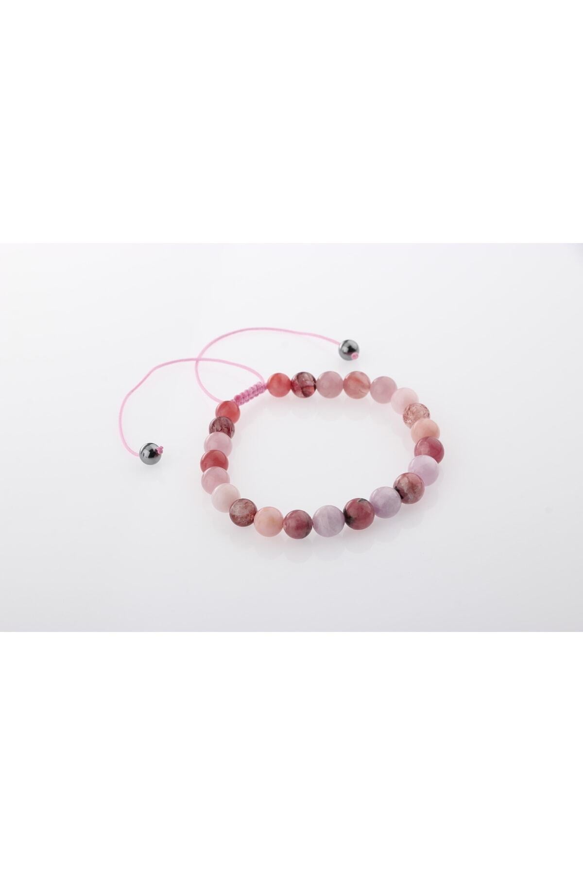 Pembe Kuvars, Pembe Opal, Altın Rutilli Kuvars, Hakiki Yemen Akiği, Rodokrozit, Kunzit Bileklik B905