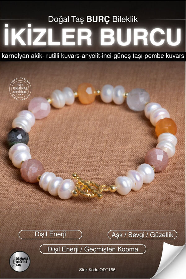 SERTİFİKALI Akik-Kuvars-Anyolit-İnci-Güneş taşı İkizler Burcu Doğal Taş Gümüş Aparat Bileklik ODT166