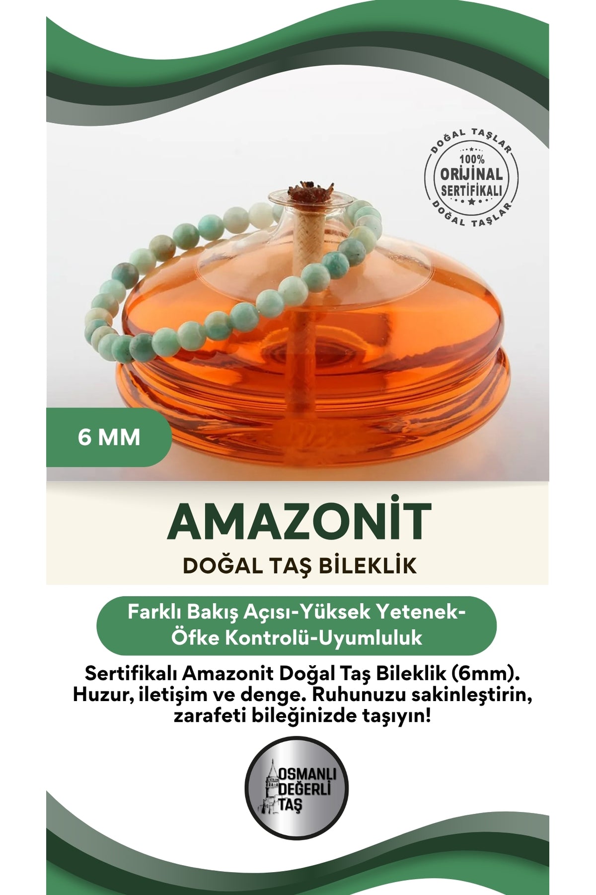 Sertifikalı Amazonit Doğal Taş Bileklik 6mm B103