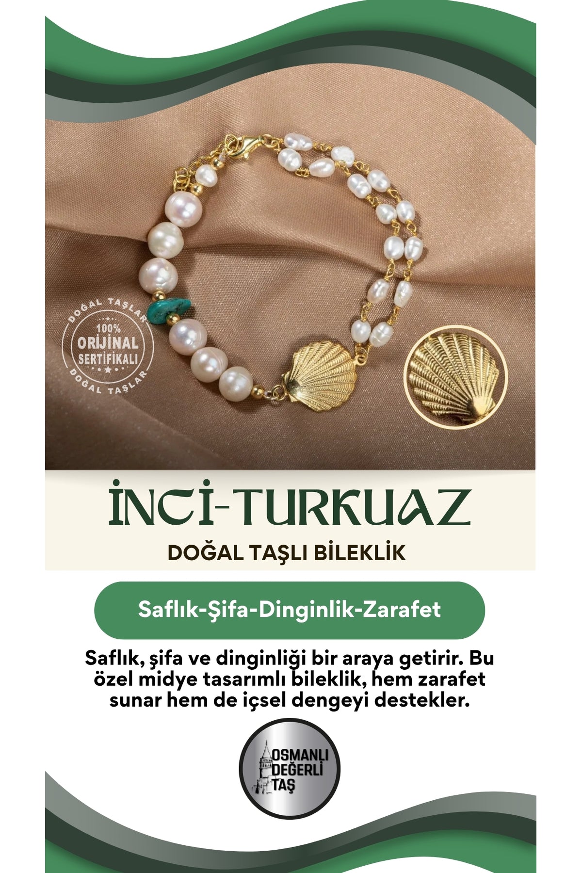 Inci-turkuaz Doğal Taş Gümüş Midye Bileklik