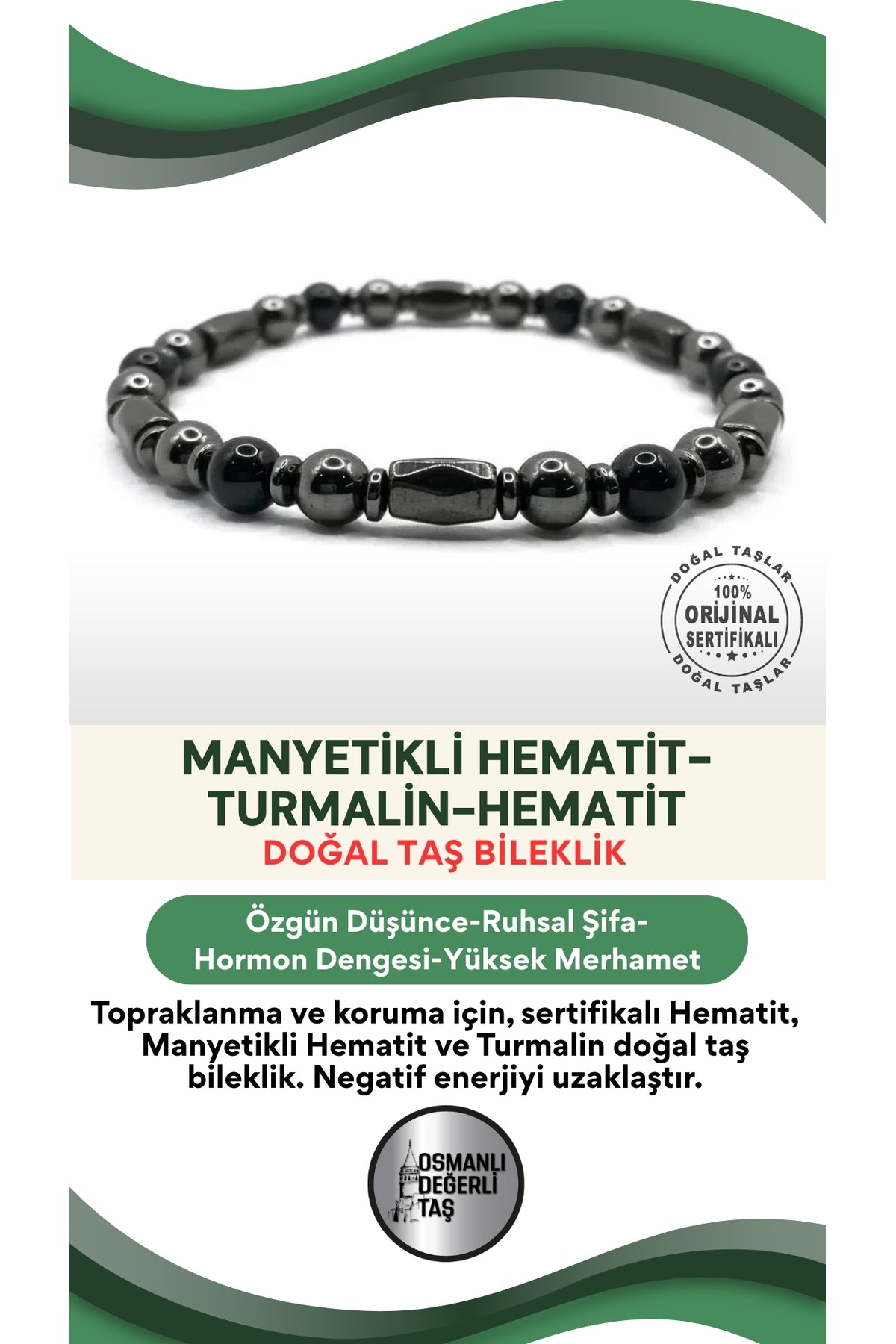 Sertifikalı Hakiki Orijinal Manyetikli Hematit - Hematit - Turmalin Doğal Taş Misinalı Bileklik