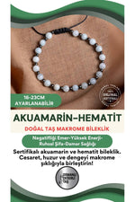 SERTİFİKALI Akuamarin-Hematit Doğal Taş Ayarlanabilir Makrome Bileklik