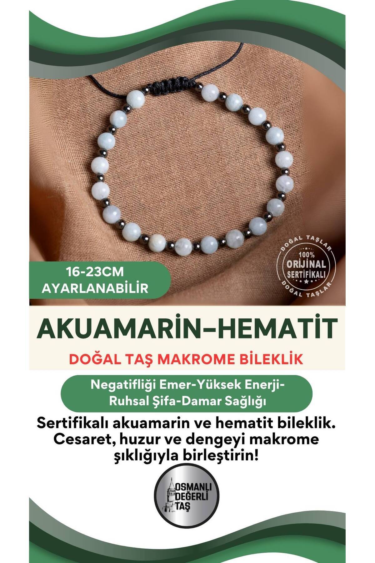 SERTİFİKALI Akuamarin-Hematit Doğal Taş Ayarlanabilir Makrome Bileklik