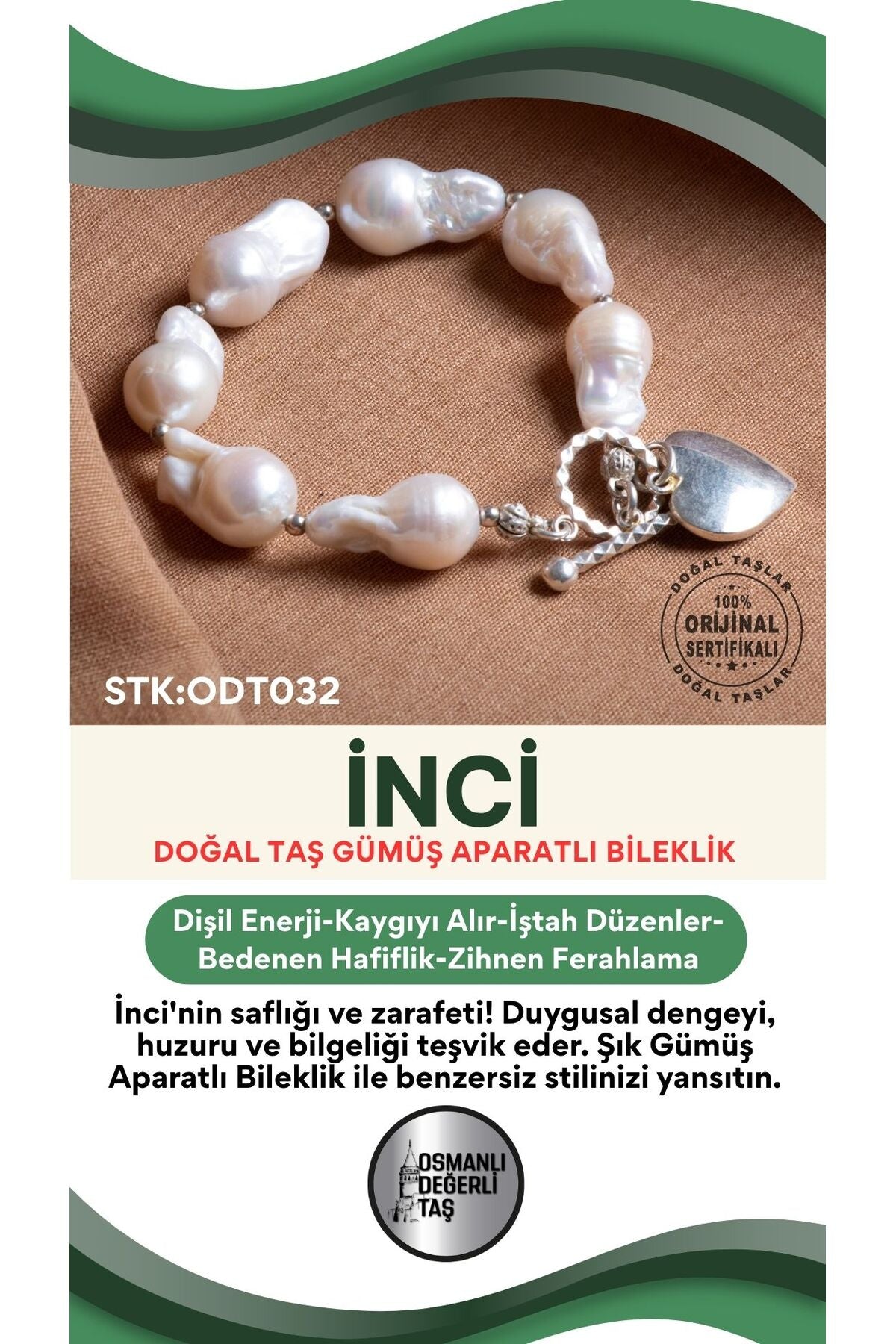 Sertifikalı İnci Doğal Taş Gümüş Aparatlı Bileklik ODT032