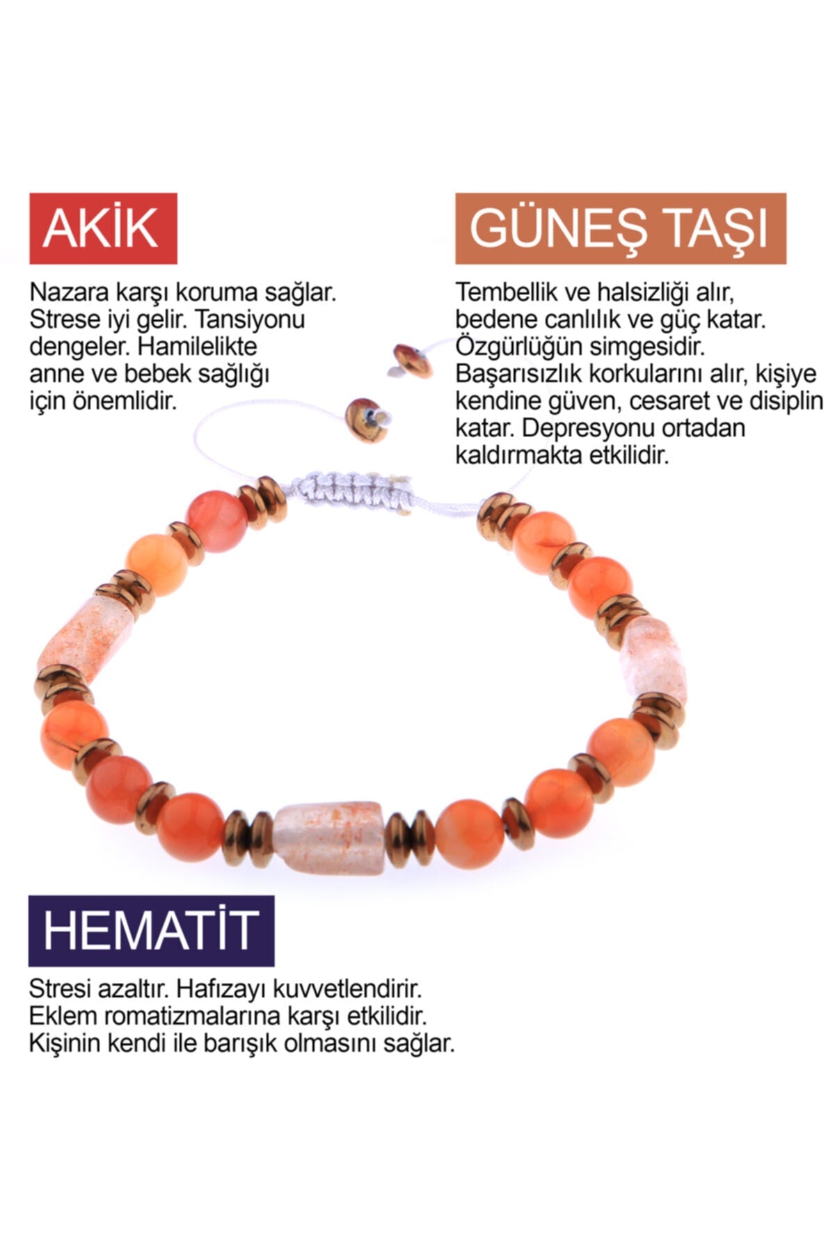 Sertifikalı Akik-güneş Taşı-hematit Bileklik