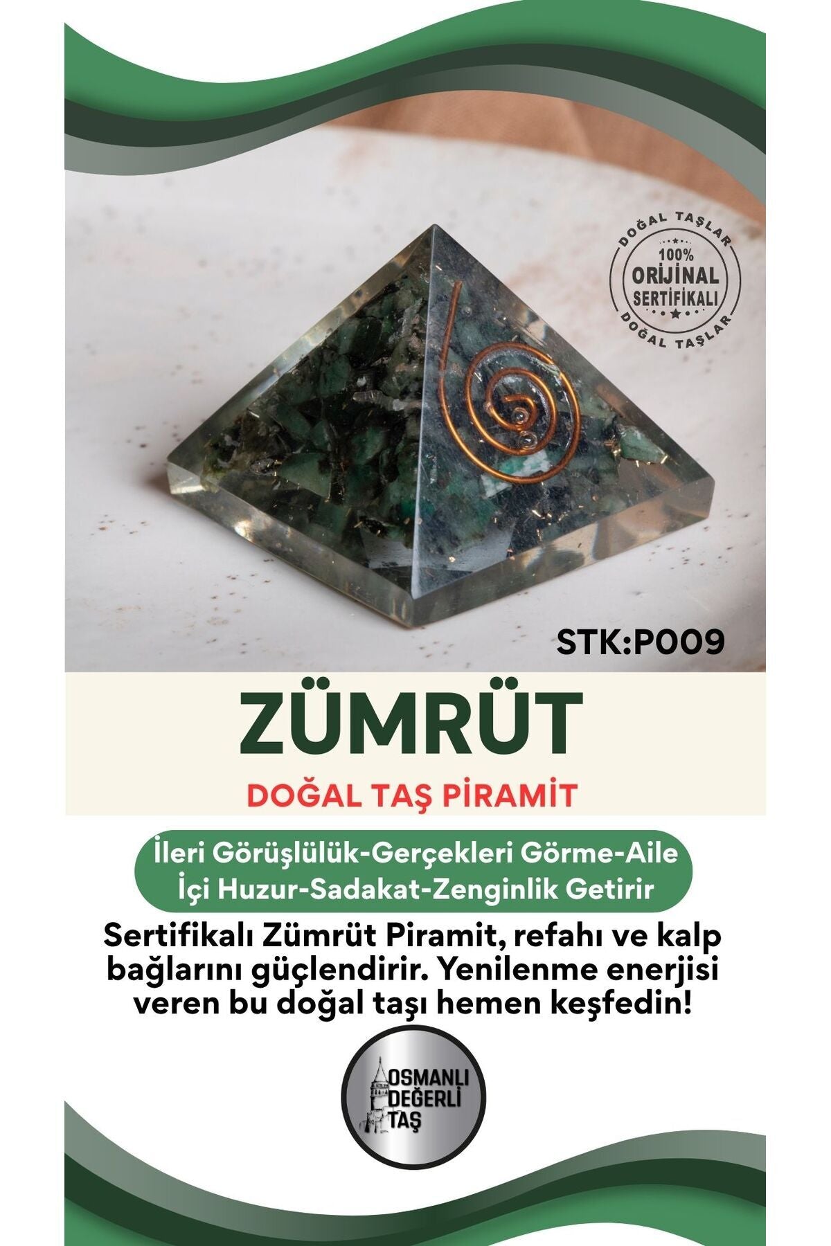 Sertifikalı Zümrüt Doğal Taş Piramit No:1 P009