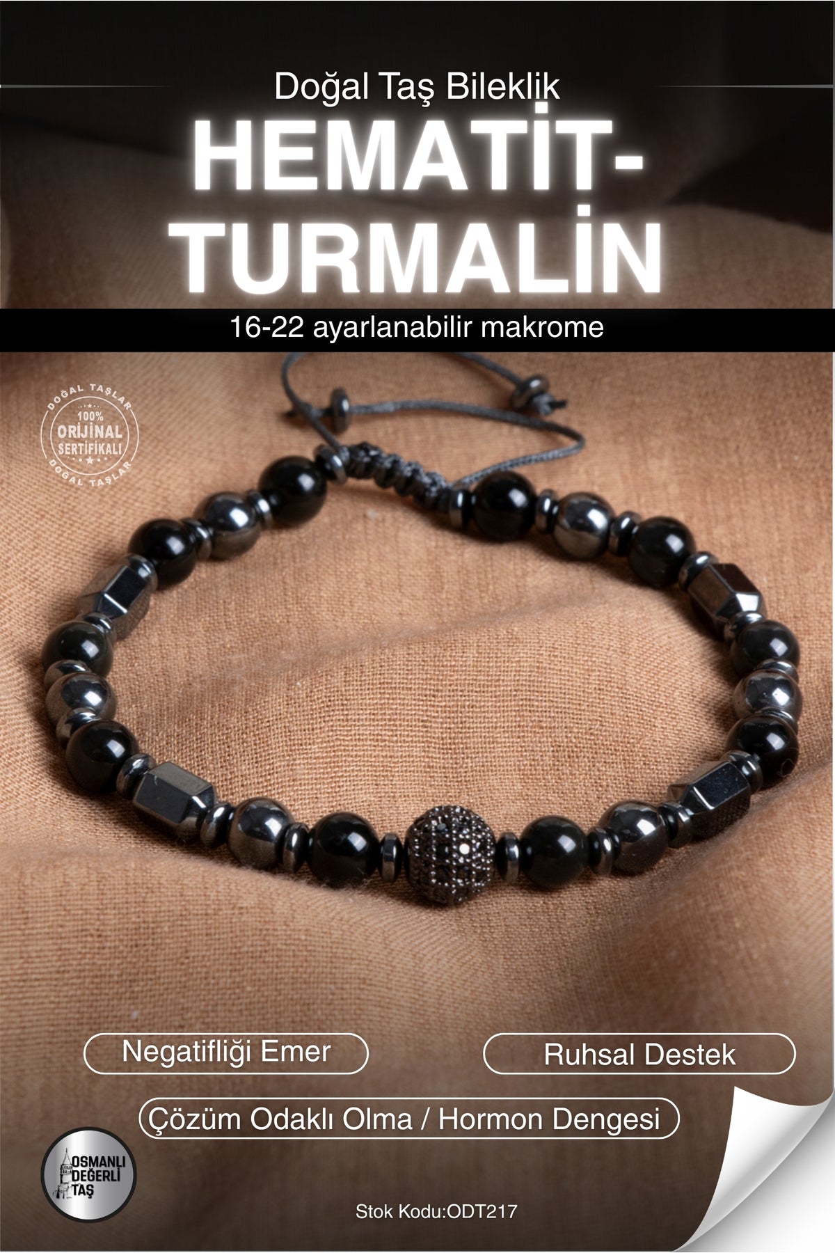 SERTİFİKALI Turmalin-Hematit Doğal Taş Makrome Bileklik ODT217