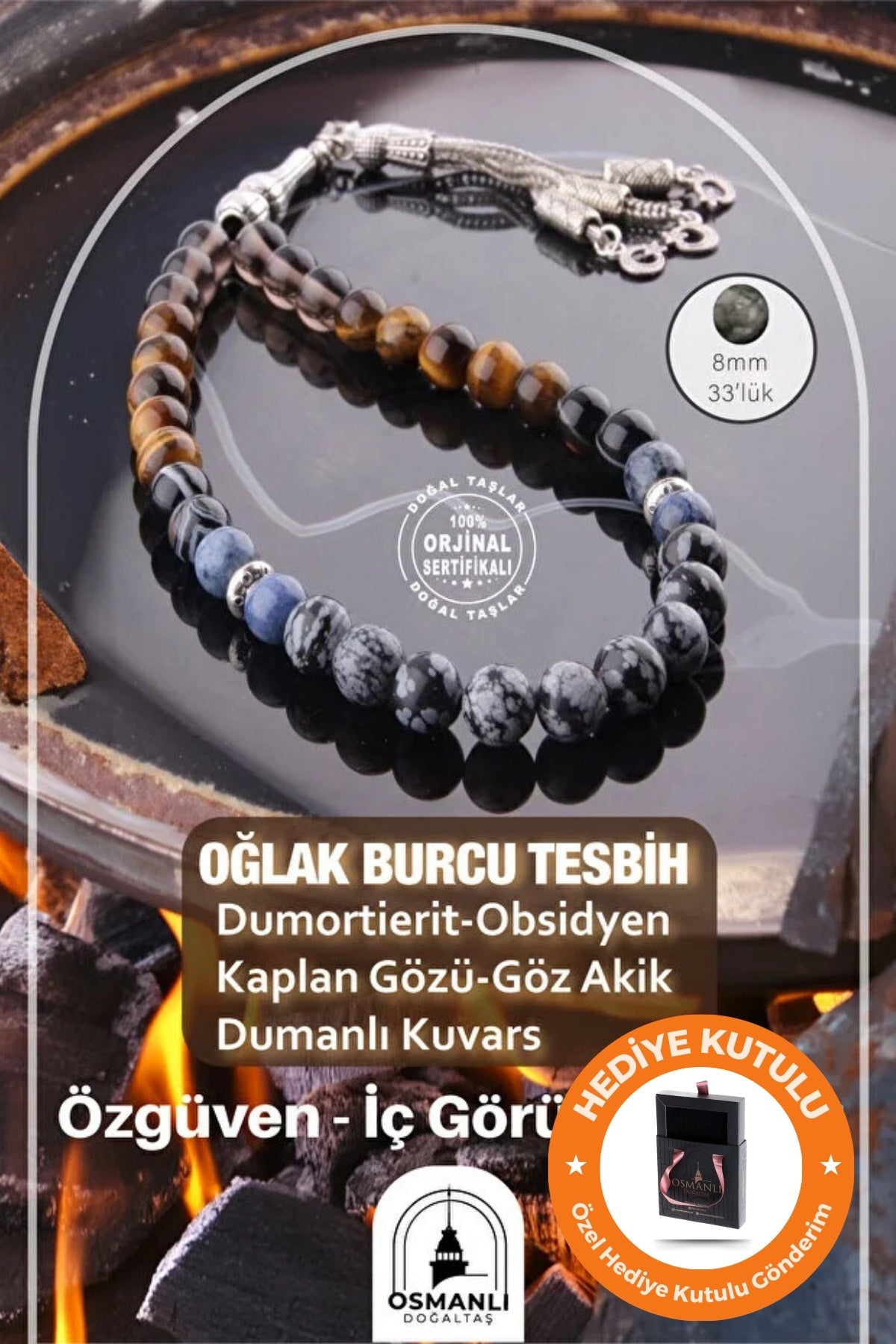 Orijinal & Sertifikalı Oğlak Burcu Doğal Taş El Yapımı Özel Kutulu Hediyelik Erkek Tesbih 33lük 8mm