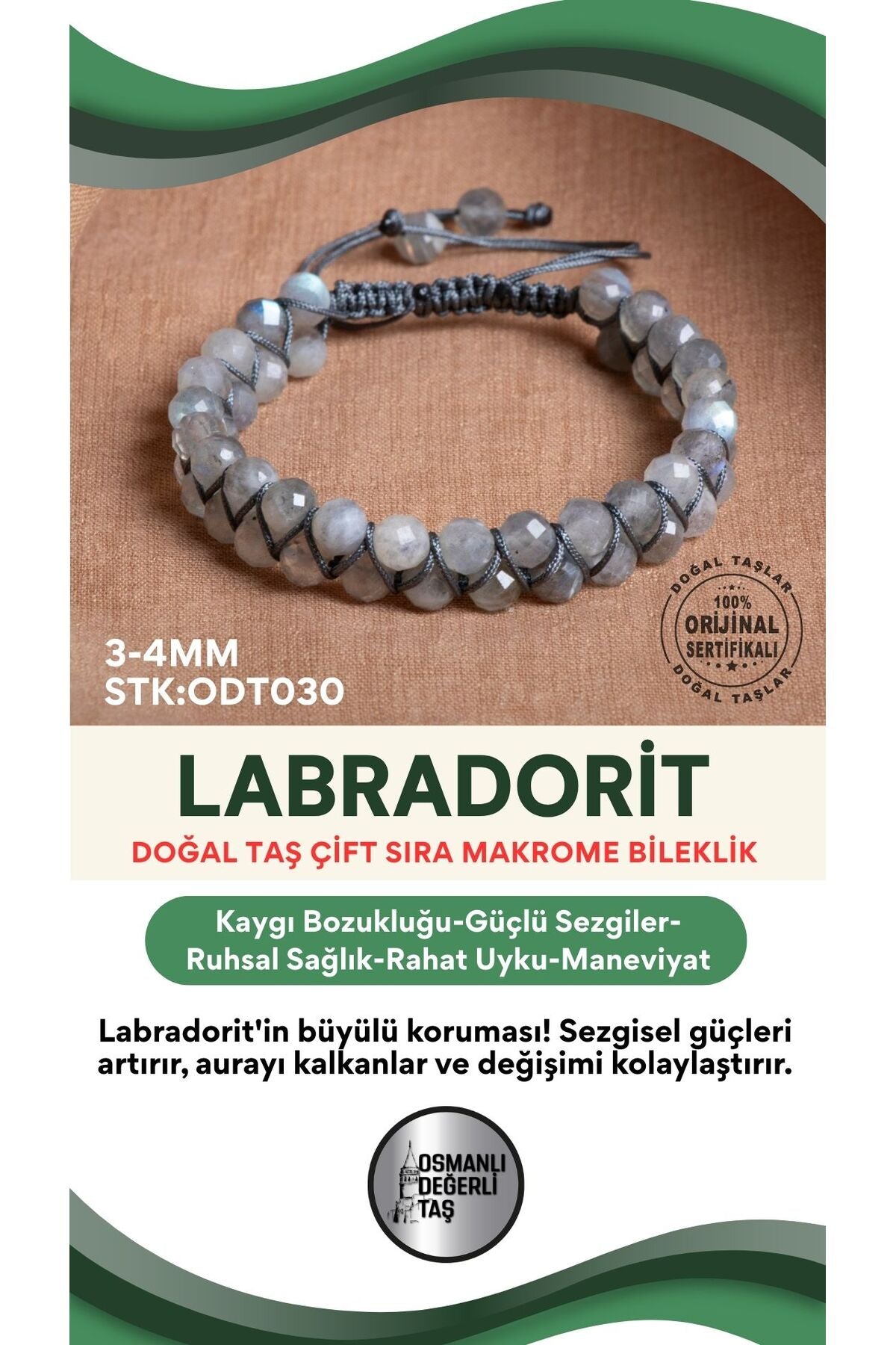 Sertifikalı Labradorit Doğal Taş Çift Sıra Makrome Bileklik ODT030