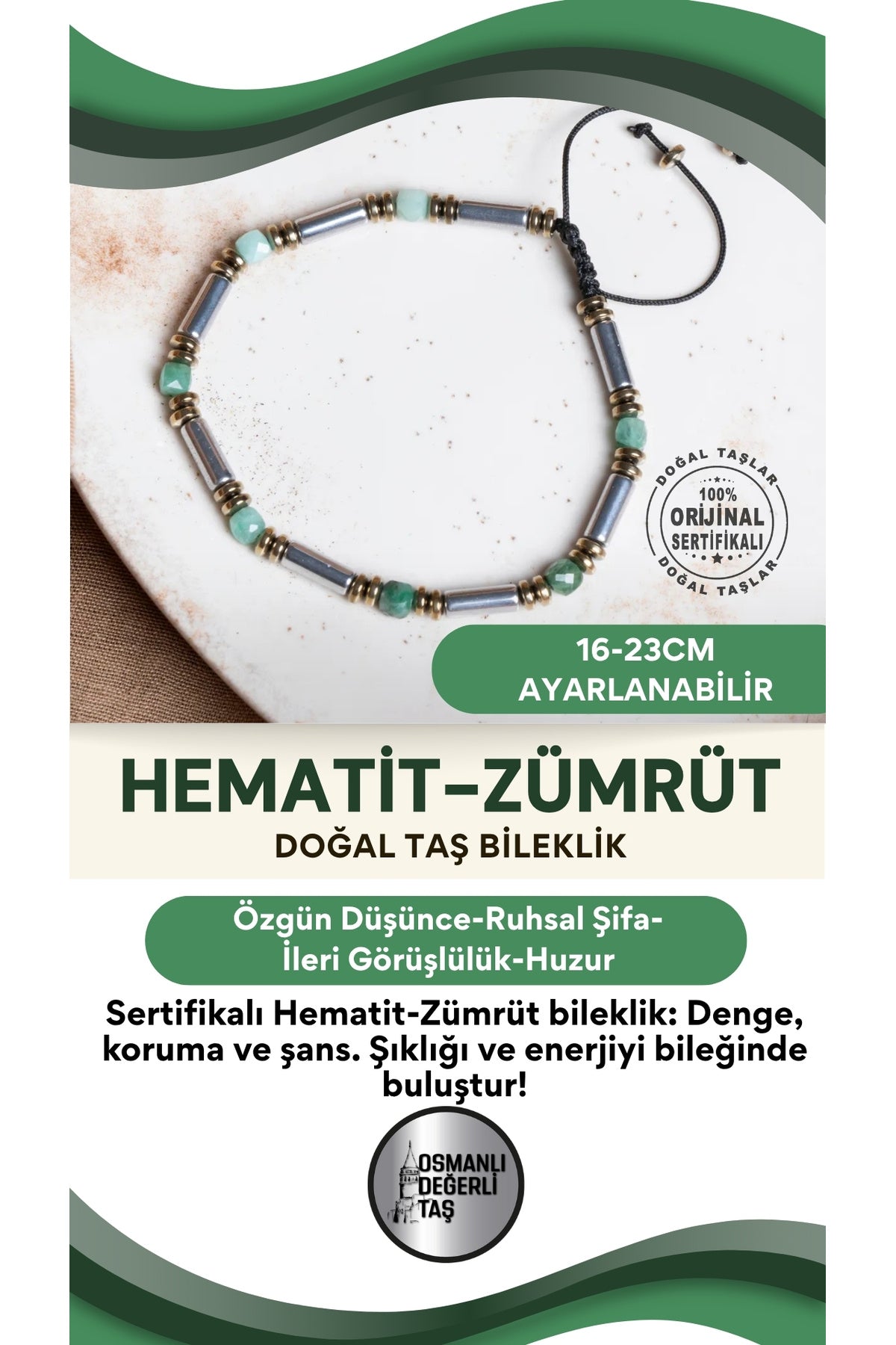 SERTİFİKALI Hematit Zümrüt Doğal Taş Makrome Bileklik