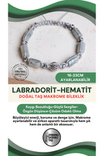 SERTİFİKALI Labrodorit-Hematit Doğal Taş Makrome Ayarlanabilir Zirkon Aparatlı Bileklik