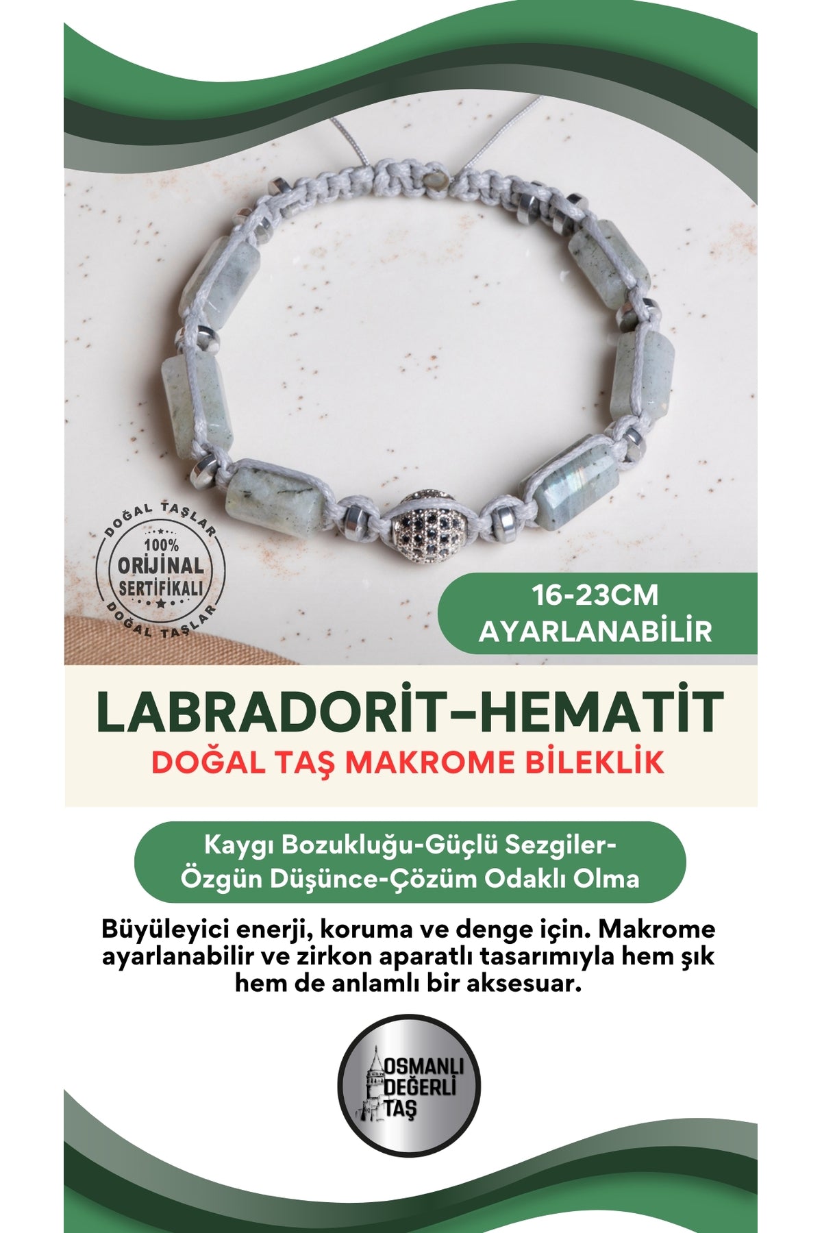 SERTİFİKALI Labrodorit-Hematit Doğal Taş Makrome Ayarlanabilir Zirkon Aparatlı Bileklik