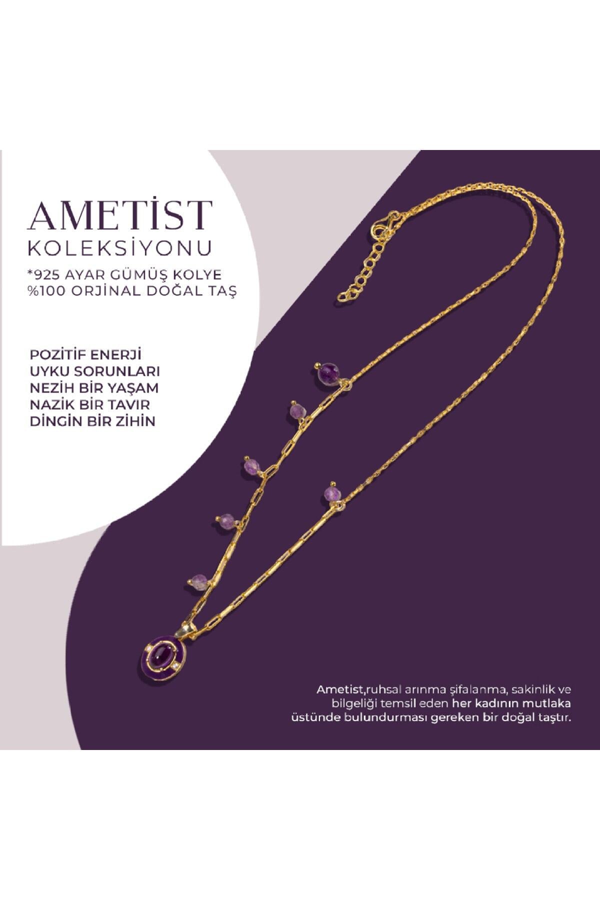 Sertifikalı Ametist Doğal Taşlı Sallantılı Gümüş Tasarım Kolye