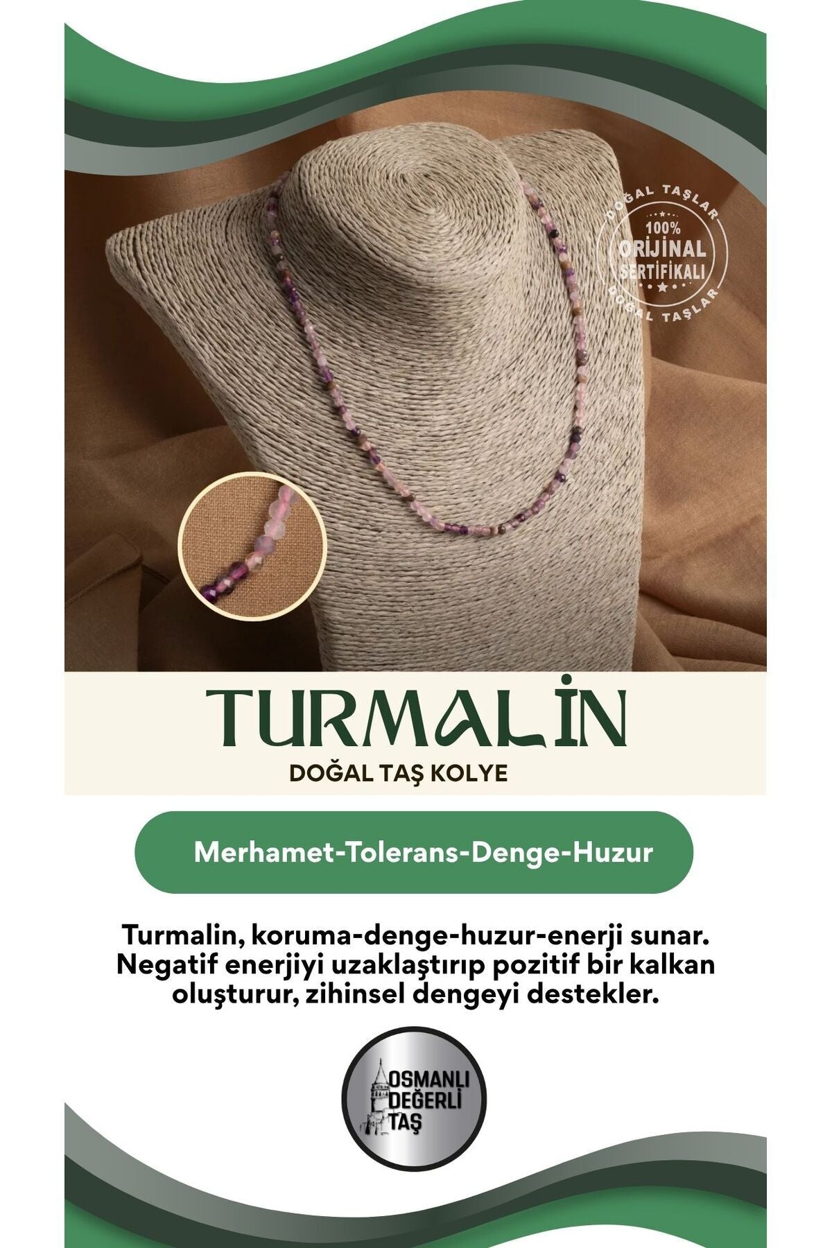 Sertifikalı Turmalin Doğal Taş Kolye – Renkli Enerji ve Zarafet