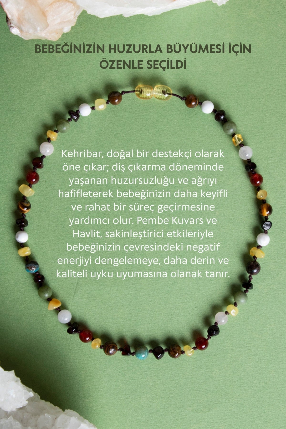 Sertifikalı Doğal Taş Bebek Kolye - Kehribar,yeşim,kaplan Gözü,akik,havlit,krizokol