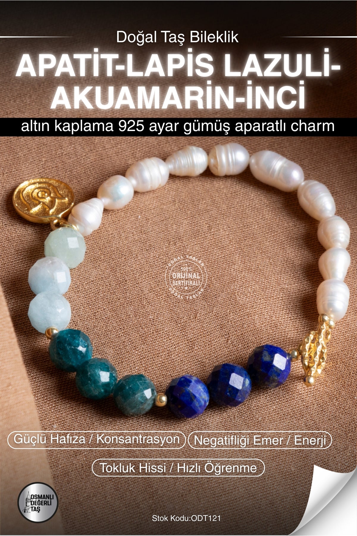 Sertifikalı APATİT-LAPİS LAZULİ-AKUAMARİN-İNCİ Doğal Taş Altın Kaplama Gümüş Charm Bileklik ODT121