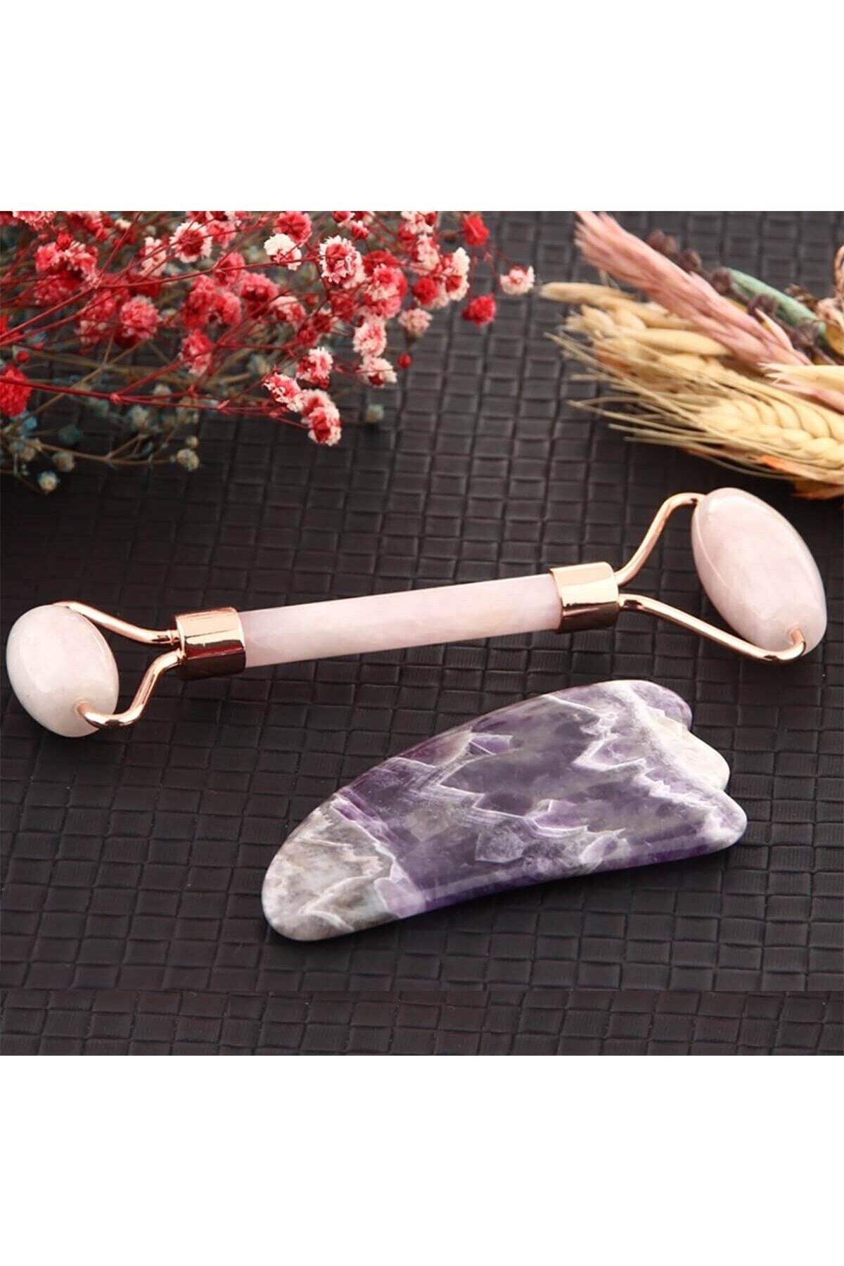 Sertifikalı Pembe Kuvars Roller Ve Ametist Kaz Ayağı Gua Sha Takımı Ma056
