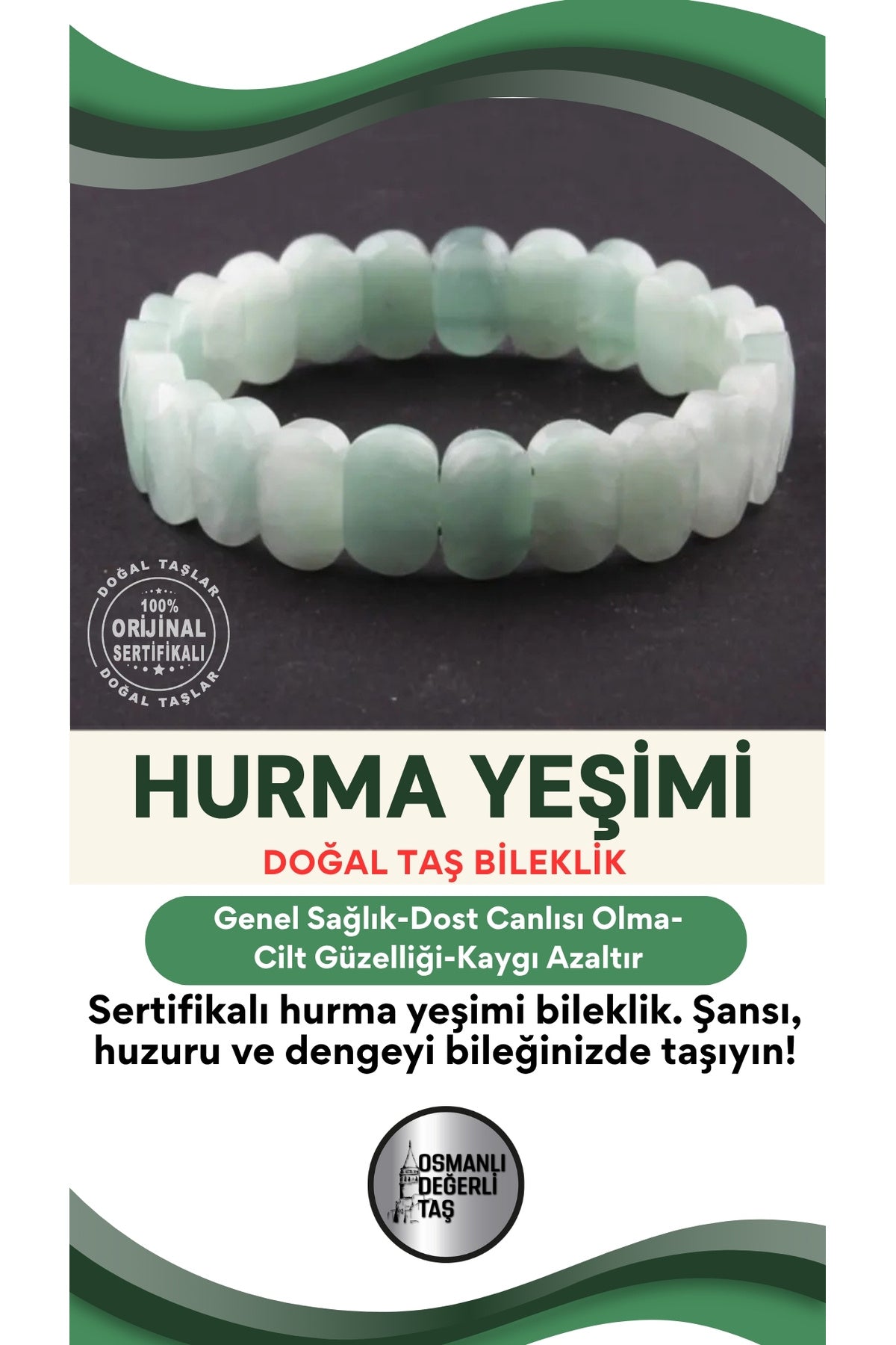 Sertifikalı Yeşim (HURMA YEŞİMİ) Doğal Taş Roleks Bileklik B796