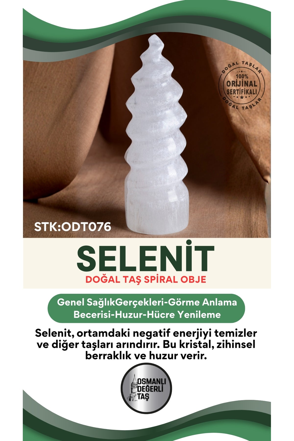 SERTİFİKALI Selenit Spiral Doğal Taş Obje ODT076