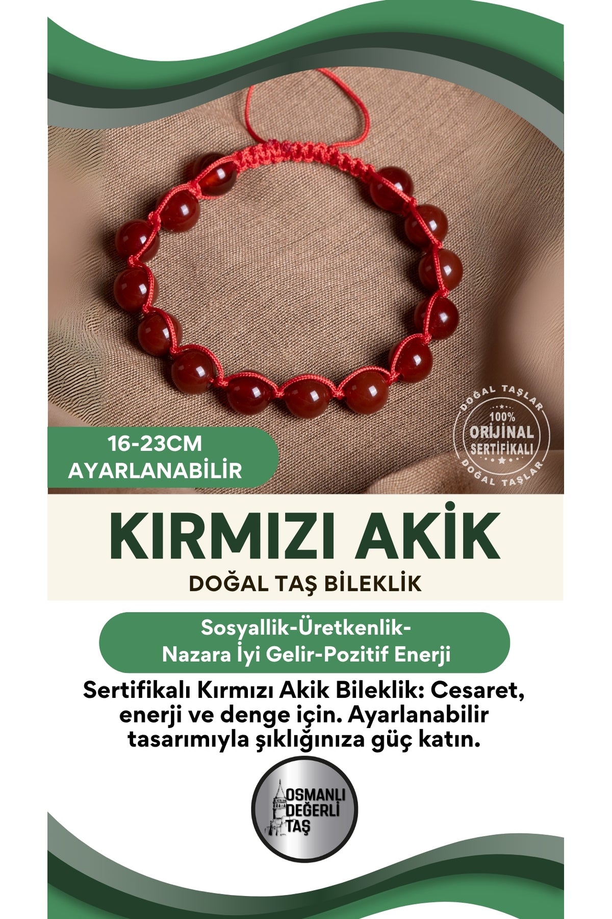 SERTİFİKALI Kırmızı Akik Doğal Taş Ayarlanabilir Bileklik