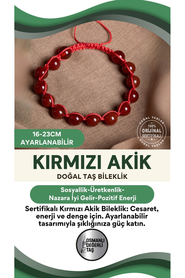 SERTİFİKALI Kırmızı Akik Doğal Taş Ayarlanabilir Bileklik