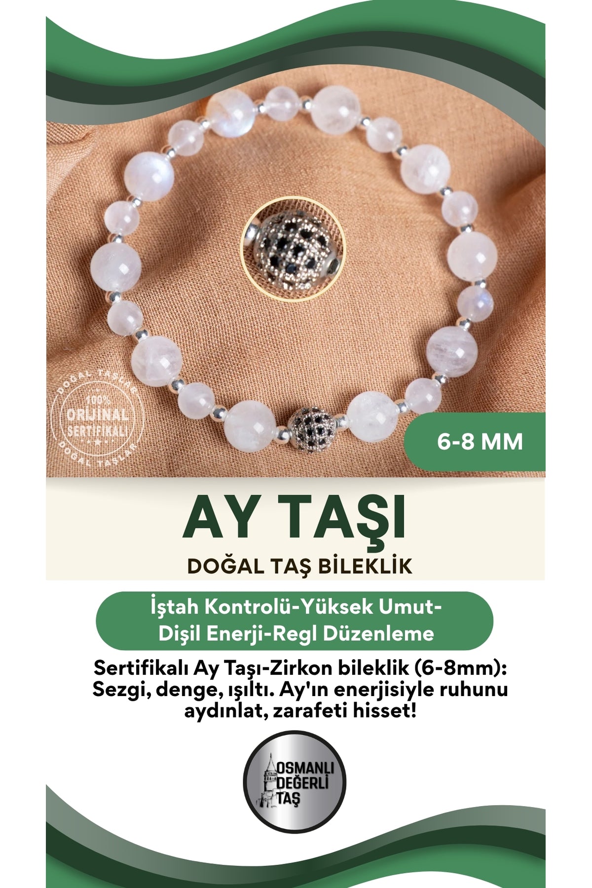 SERTİFİKALI Ay taşı Doğal Taş Zirkon Aparat Bileklik 6-8 mm