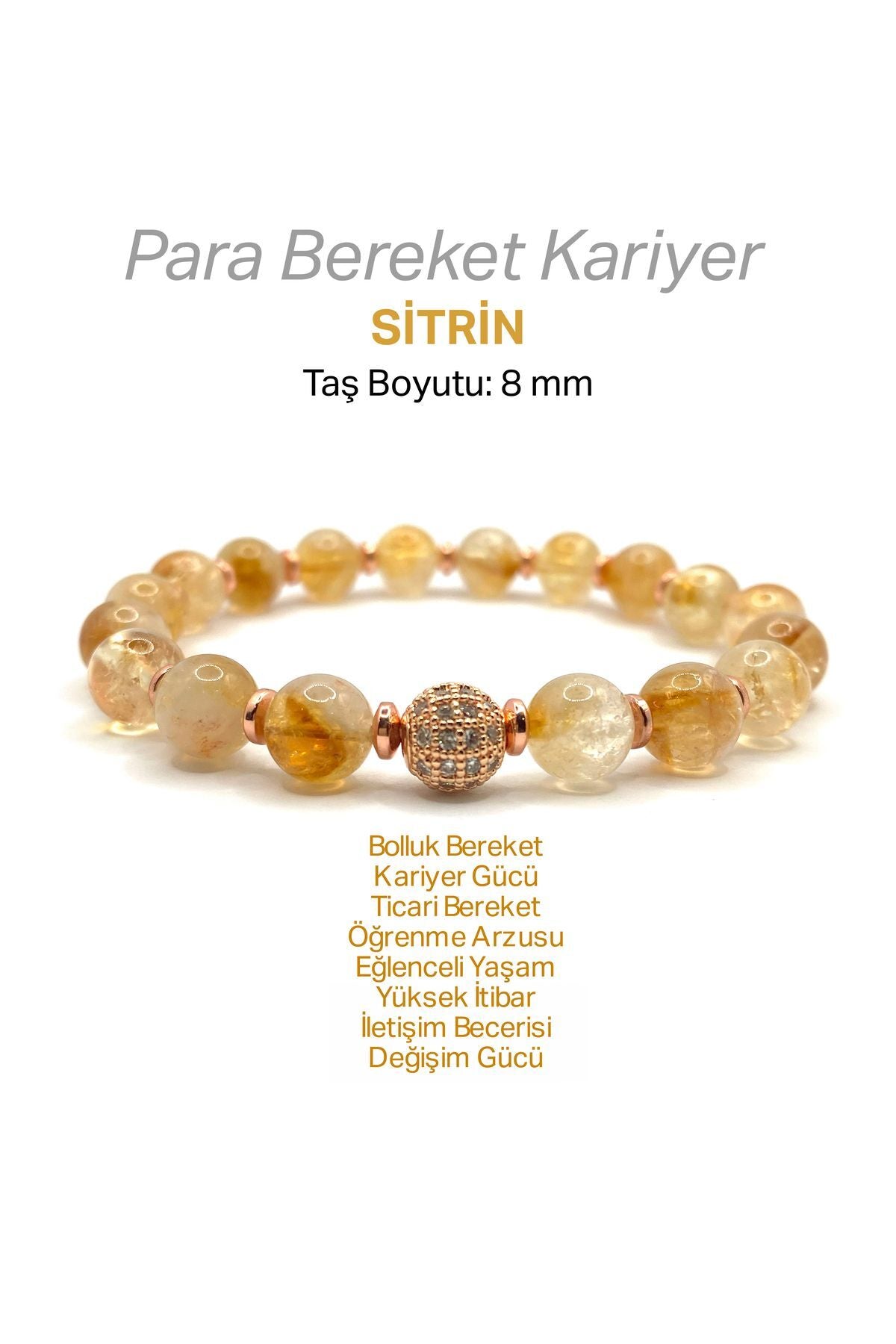 Sitrin - Hematit Doğal Taş Bileklik Zirkon Aparatlı 8 mm