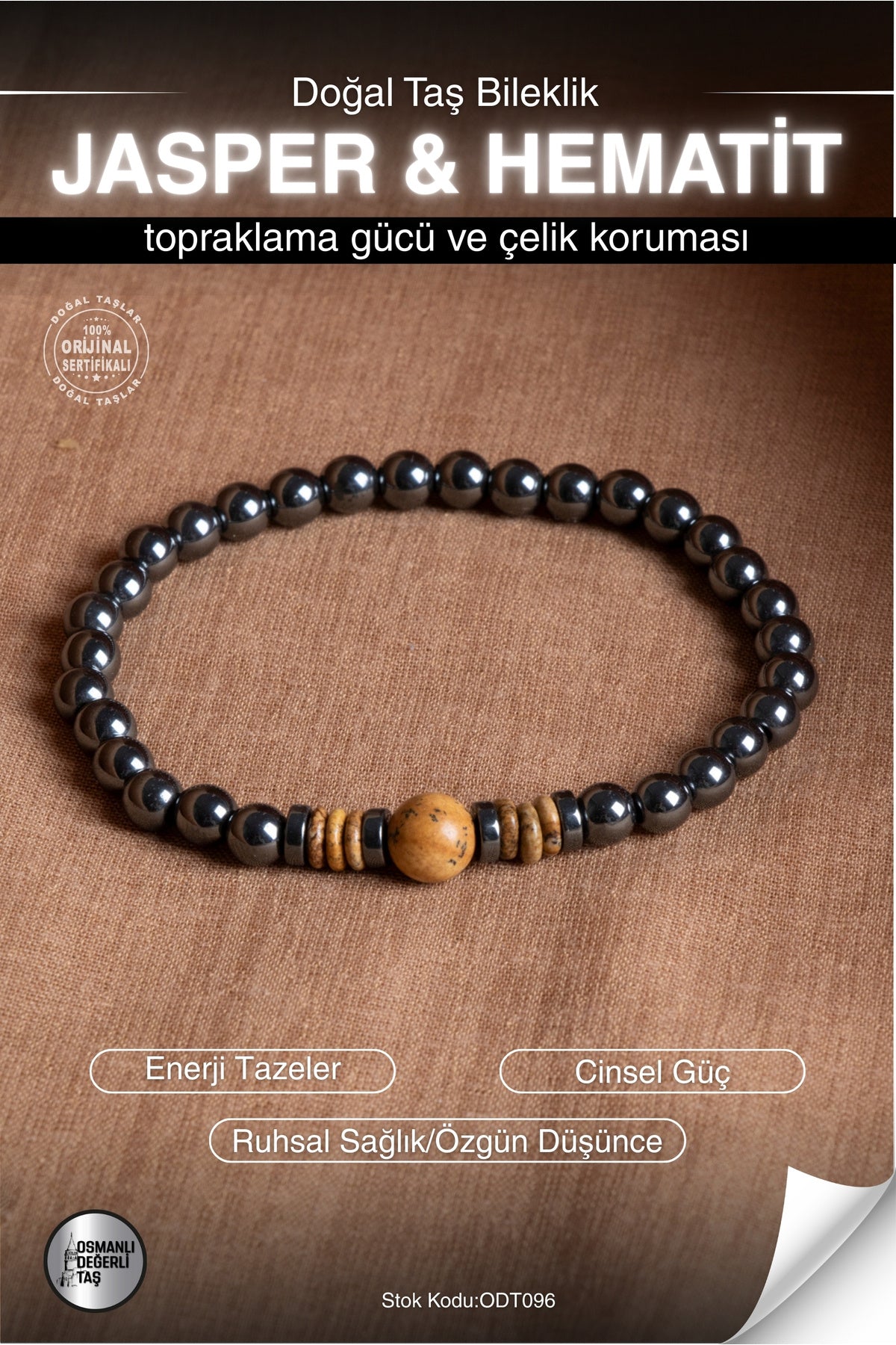 Sertifikalı JASPER & HEMATİT Doğal Taş Bileklik ODT096