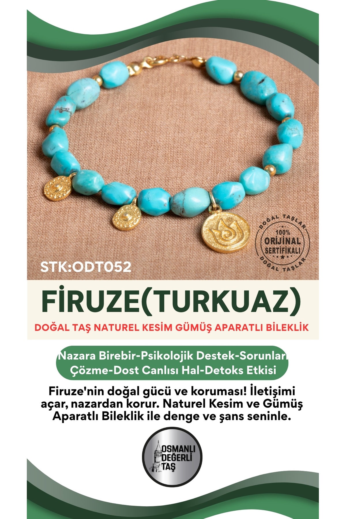 Sertifikalı Firuze(Turkuaz) Doğal Taş Naturel Kesim Gümüş Aparatlı Bileklik ODT052