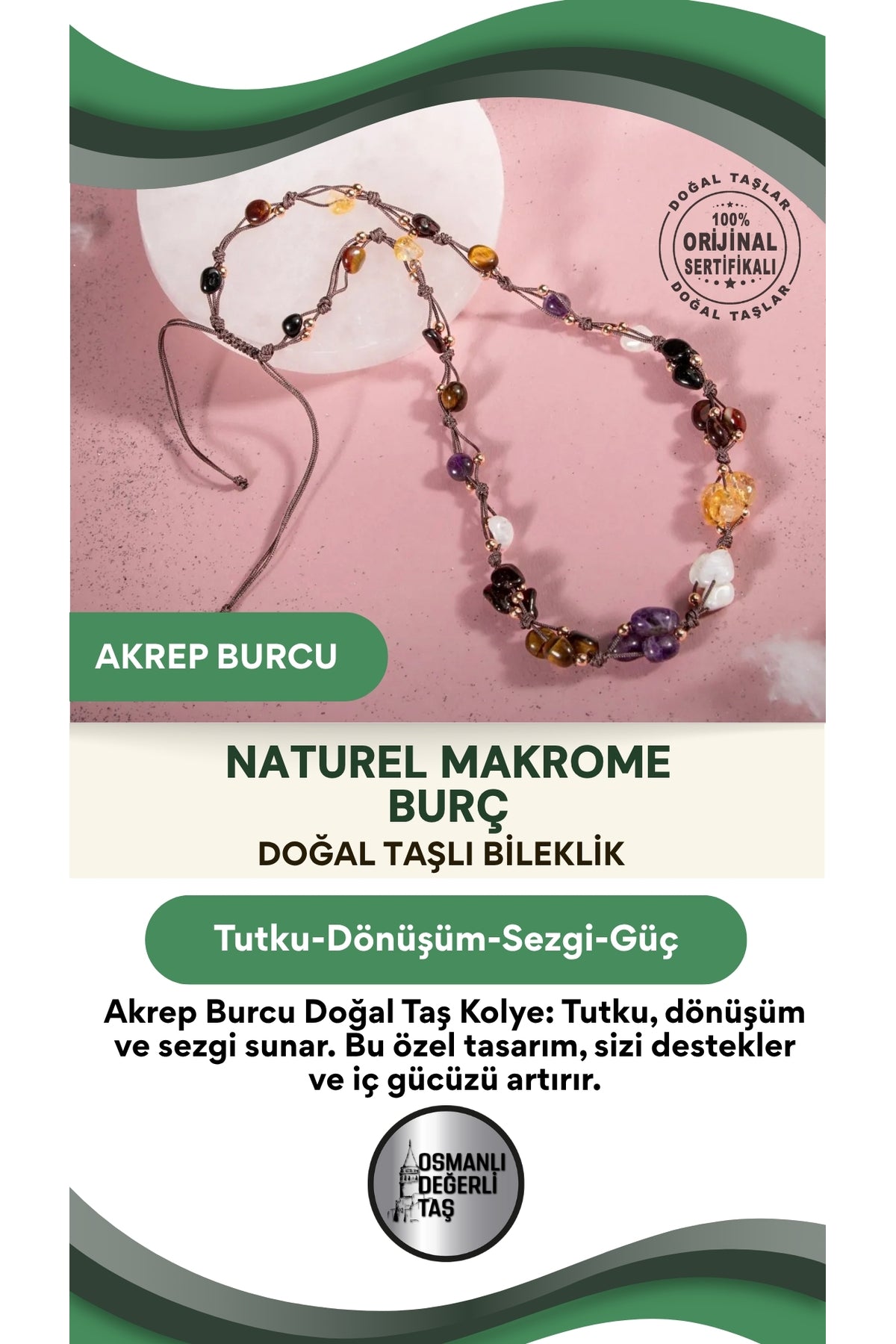 Akrep Burcu Doğal Taş Natürel Makrome Kolye