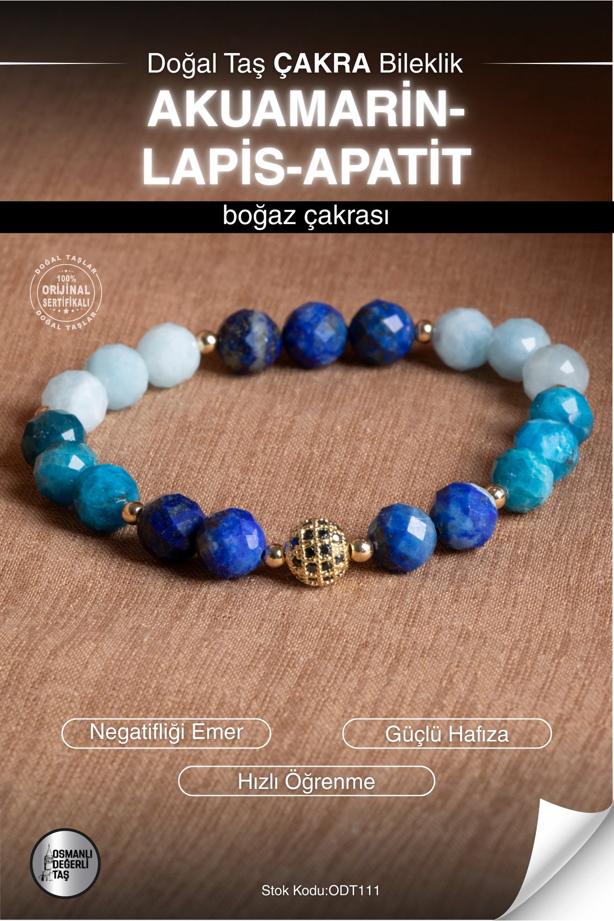 Sertifikalı AKUAMARİN-LAPİS-APATİT Doğal Taş Zirkon Aparatlı Bileklik ODT111