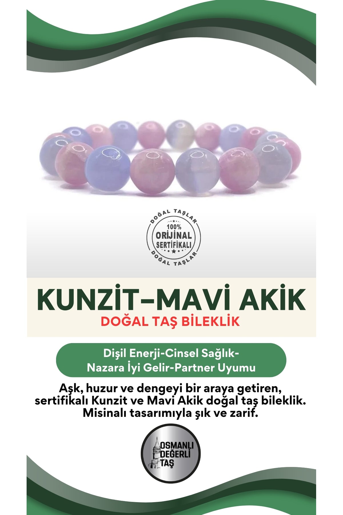 Sertifikalı Hakiki Orijinal Kunzit - Mavi Akik Doğal Taş 10mm Misinalı Bileklik