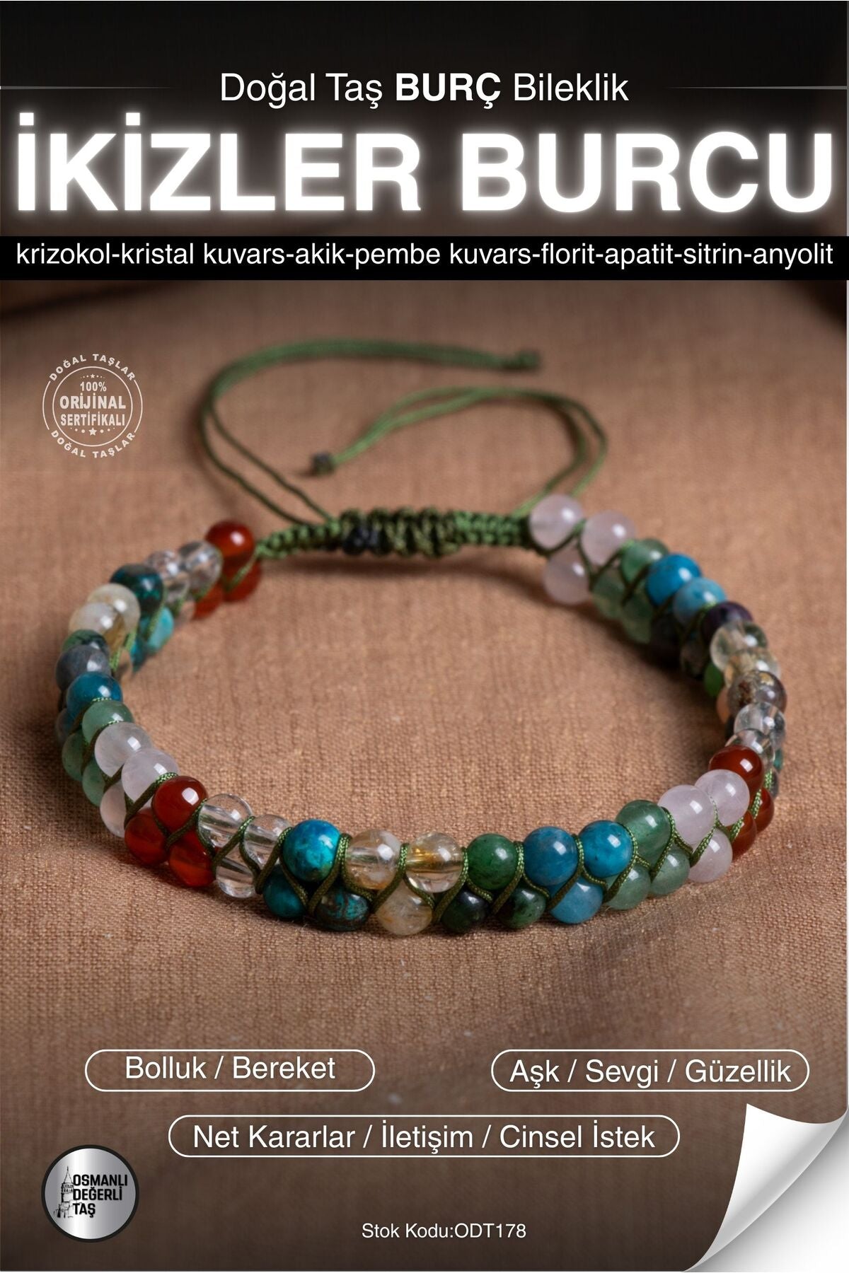 SERTİFİKALI Krizokol-Kuvars-Akik-Apatit-Sitrin-Anyolit İkizler Burç Doğal Taş Bileklik ODT178